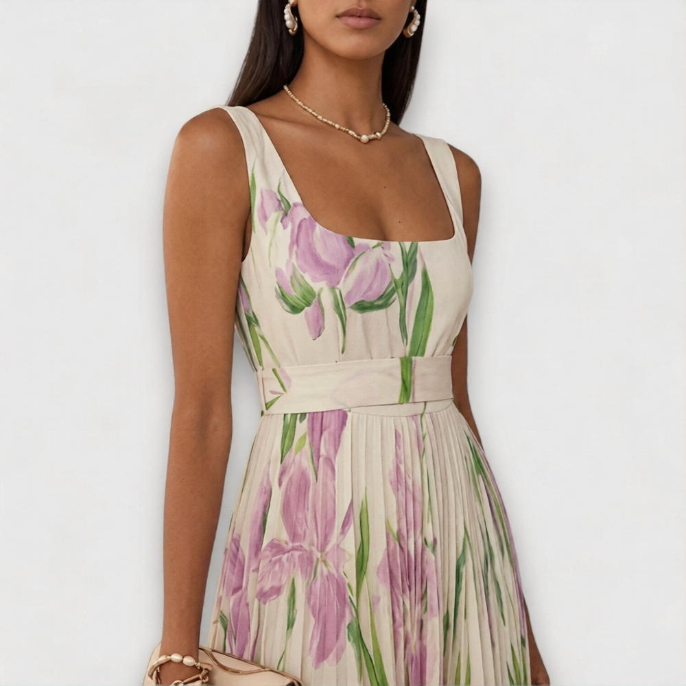 Floral Garden Dress | Spring Chiffon Pleated Maxi