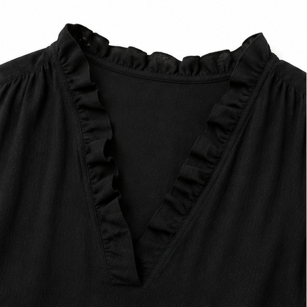 Soléra – Boho Ruffle V-Neck Maxi Dress with Roll-Up Sleeves