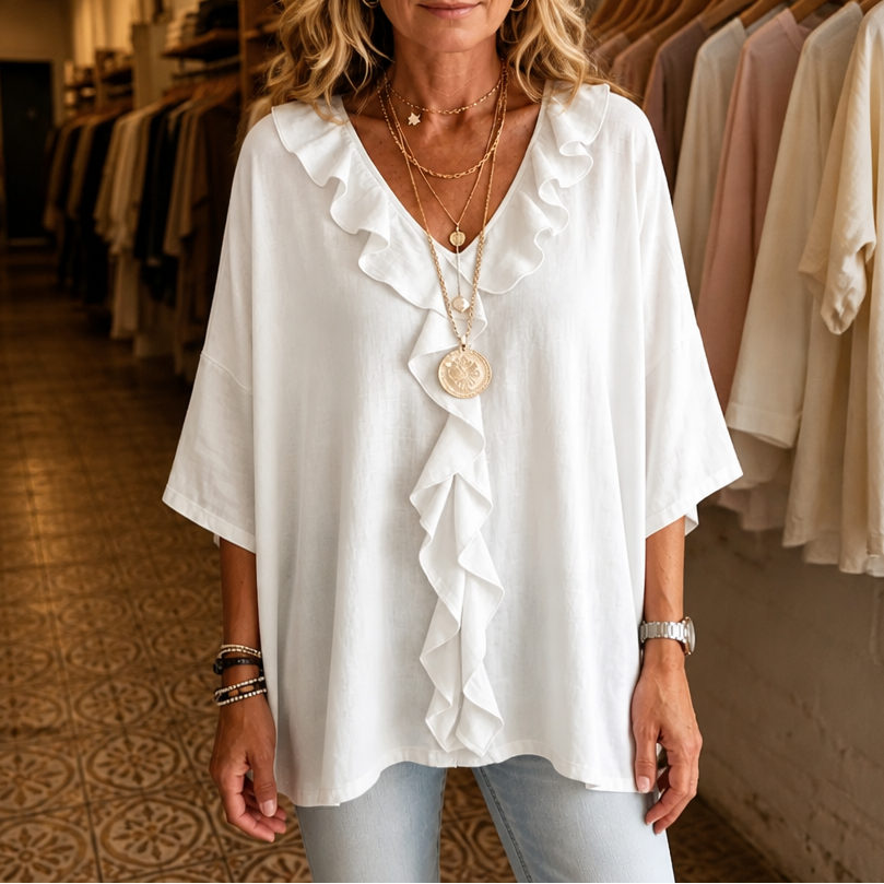 Restedge – The Ruffle Blouse That Skims, Never Clings