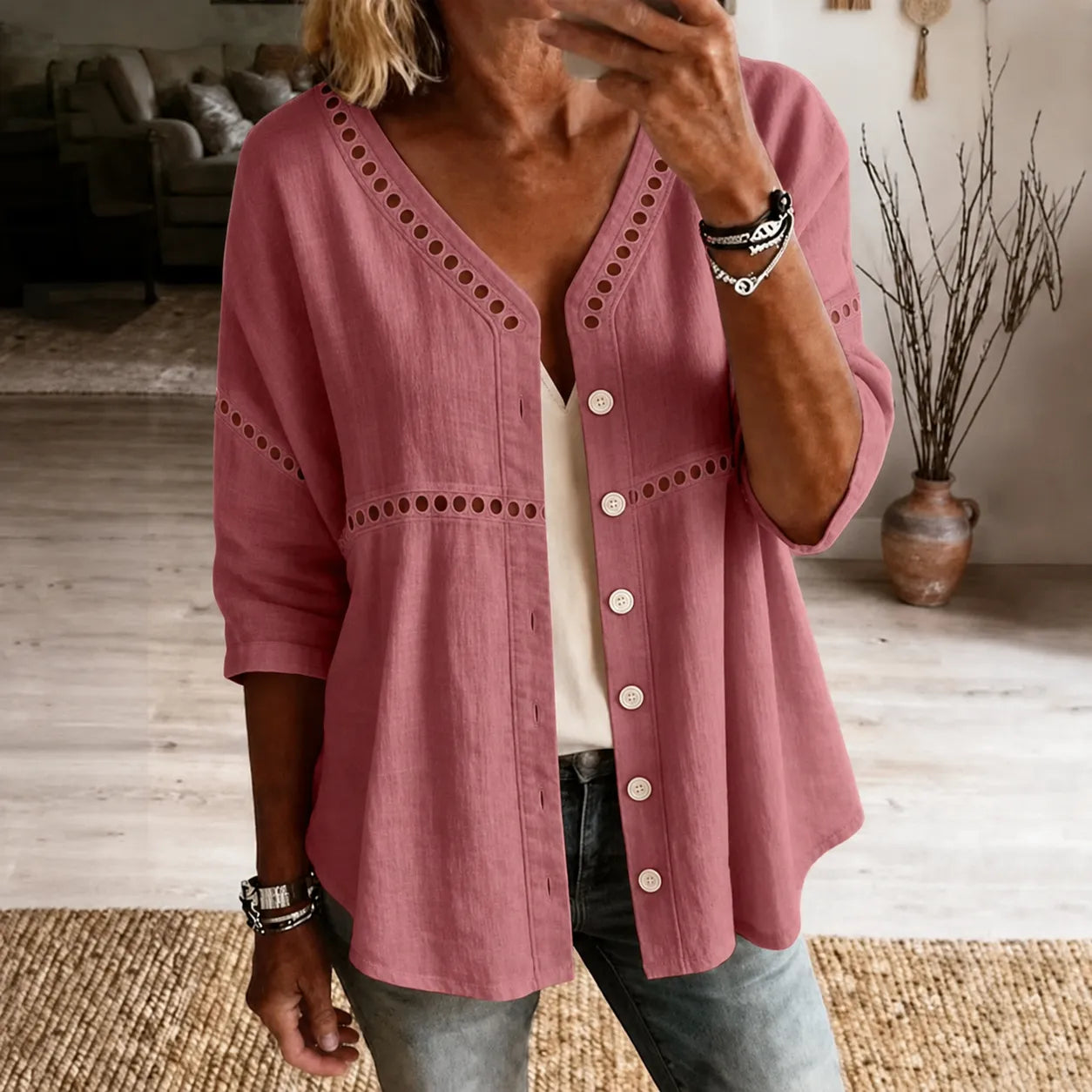 Loralee – Women's Lace Look-Trim Button-Up Blouse with Soft V-Neck Drape
