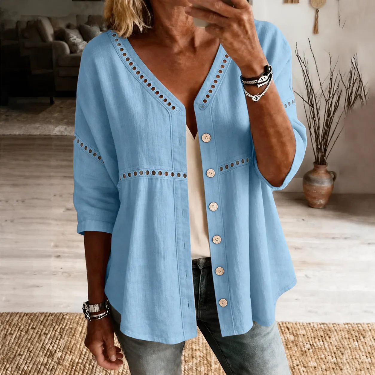Loralee – Women's Lace Look-Trim Button-Up Blouse with Soft V-Neck Drape